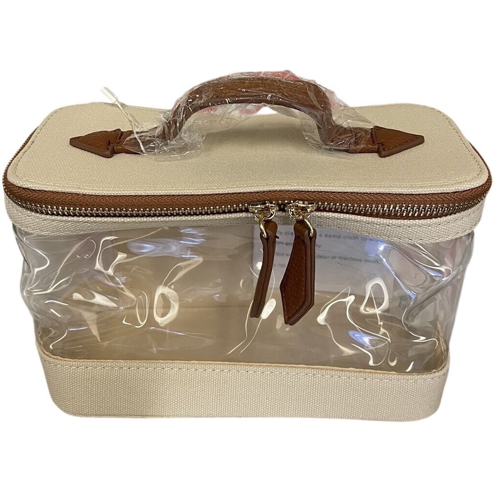 Henny & Lev Brown Camel Linen Makeup Bag Tote With Clear Sides‎ And Gold Zipper